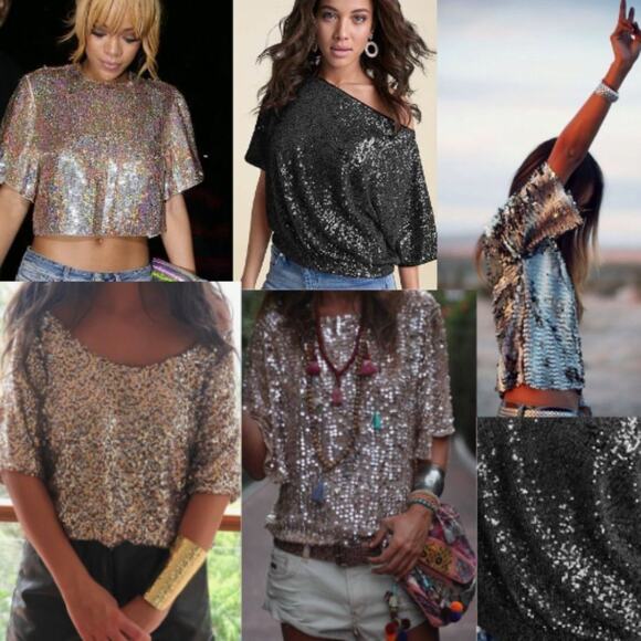 NWT - VINTAGE - 100% silk women Glam Boho black sequins short sleeves top MEDIUM - Picture 2 of 14